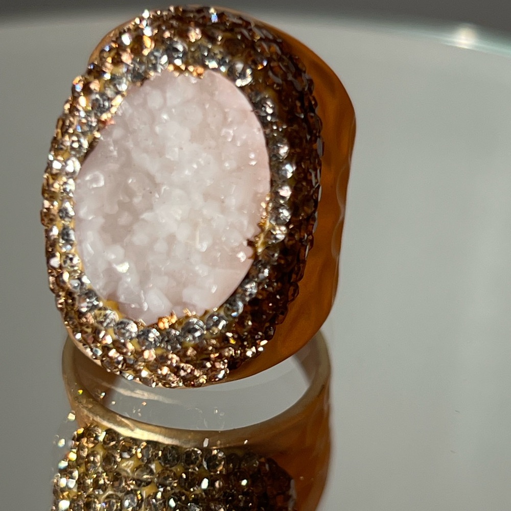 Hammered gold statement ring with rock quartz and Swarovski crystals BNIB